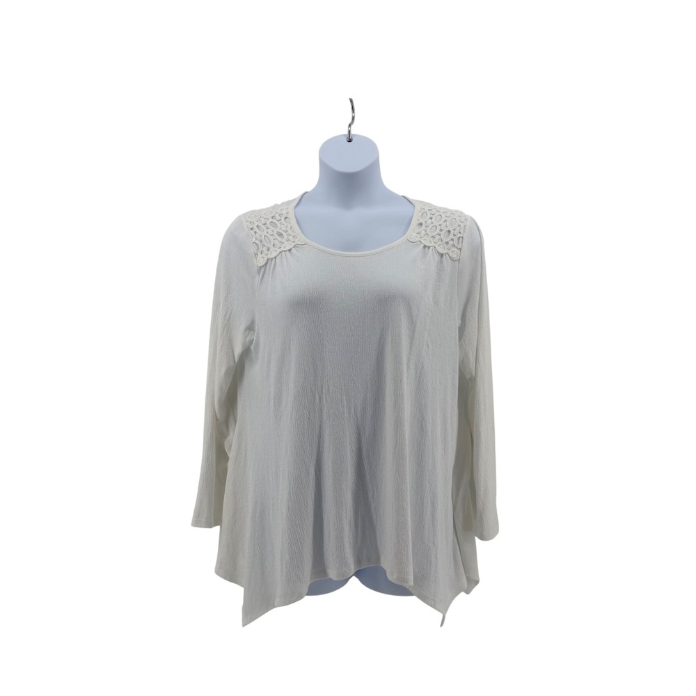 John Paul Richard Crinkle Knit Top Women Large Ivory Crochet Lace Boho Sharkbite